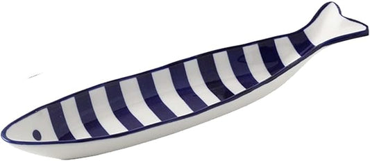 Ceramic Fish Shaped Serving Dish, Red and White Striped Pattern, Appetizer Snack Plate, Microwave Dishwasher Safe, 12x7 Inch (Purple Stripes)