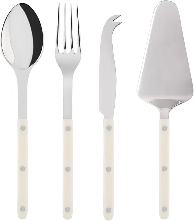 SABRE PARIS - 4-Piece Serving Set - Bistrot Collection - 2 Serving Flatware, Serrated Pie Server, Large Cheese Knife - Stainless Steel & Nylon - Dishwasher Safe - Ivory - Brilliant Finish