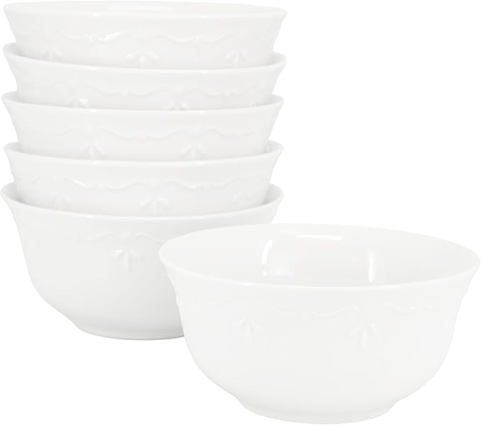 Elama Henryi 6 Piece Embossed Rim Detail Porcelain White 6.1 Inch Bowl Set, Tableware Set, Serveware (6 Pc Bowl)