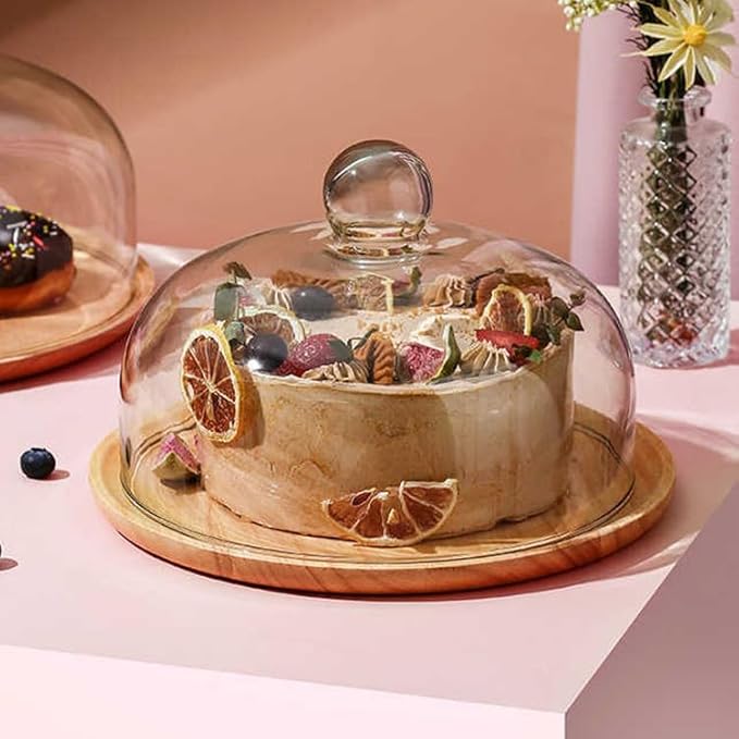 10 Inch Wooden Base Cake Display Stand with Glass Dome,Cloche Clear Glass Bell Jar Cover for Dessert Cheese Candy Plants Succulents