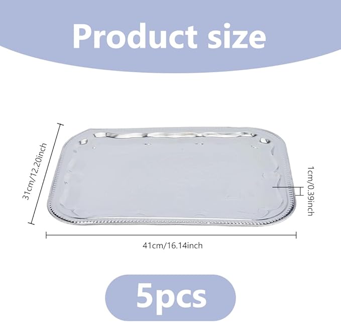 DICOSMETIC 5Pcs Large Silver Serving Trays Set 16.14x12.2x0.39 Inch Stainless Steel BBQ Grill Trays Rectangle Flower Engraved Tray Metal Serving Platter for Food Cookies Desserts Table Party Home