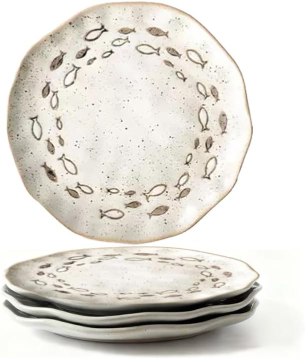 YEWUDHOM Japanese Ceramic Dinner Plates Set of 4,Japanese Porcelain Plates with Fishes Pattern Design,Ceramic Plate for Steak,Salad,Pasta,Dessert,Perfect for Party,Wedding,Home Kitchen