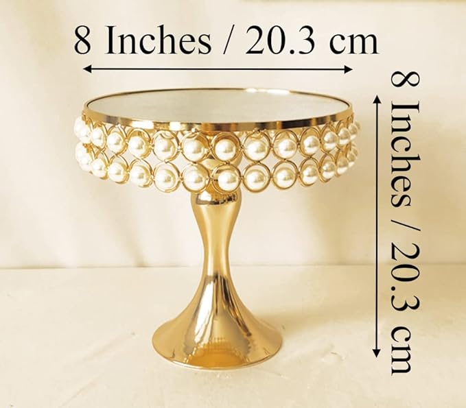 8 Inches 20cm Gold Round Mirror Cake Stand Cupcake Stands Metal Pedestal Holder with Pearls, Party Dessert Cheese Display Plate for Wedding Party Birthday Baby Shower Celebration Home Decoration