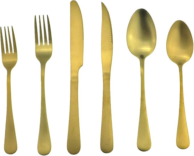 Gugrida 24-Piece Titanium Gold Plated Stainless Steel Flatware Set, Travel Cutlery Include Knife Fork Spoon Service for 4,Healthy & Eco-Friendly Silverware - Matte Elegant Modern Eating Utensils