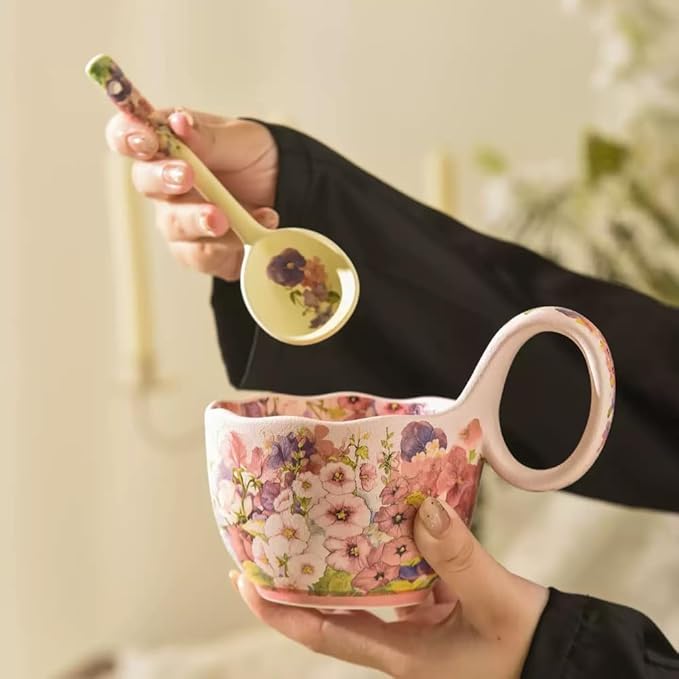 16.91oz/500ml Handpainted Soup Bowl with Handle,Ceramic Cereal Bowl Microwave & Dishwasher Safe,Loop Handle Bowl Great for Soup,Yogurt,Snack,Chip,Stew,Ice Cream,Coffee (Hollyhock-Pink)