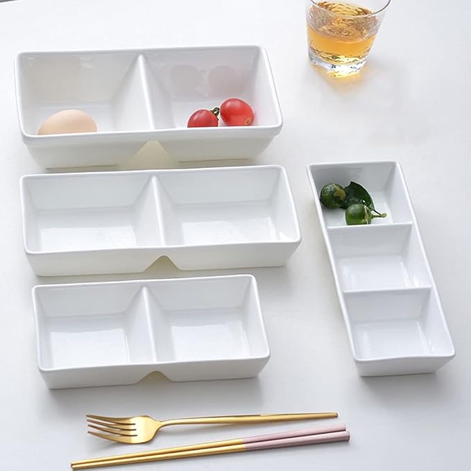 Sauce Dish White Ceramic Soy Sauce Dish 3 Compartment Appetizer Plate Tray Divided Dipping Sauce Dishes for Sushi Ketchup Appetizer Serving (White 9.65×3.54×1.38in)