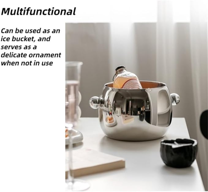 Stainless Steel Ice Bucket with Round Bead Handles, Creative Ice Bucket for Parties, Modern Drink Chiller Suitable for Bar, Home, Large Capacity(D)