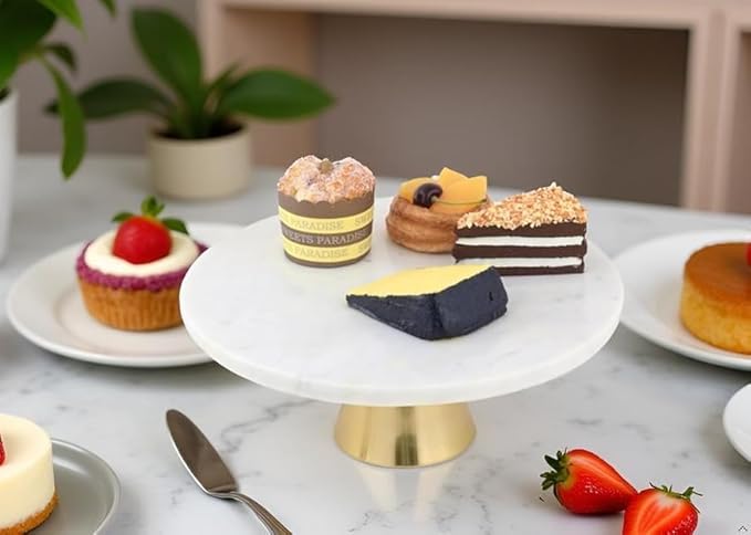 Cruiser’s Caché 12-Inch Marble Cake Stand | Natural White Marble with Gold Base | Round Dessert Stand, Cupcake Stand for Birthday Parties, Weddings, Baby Showers | White and Gold