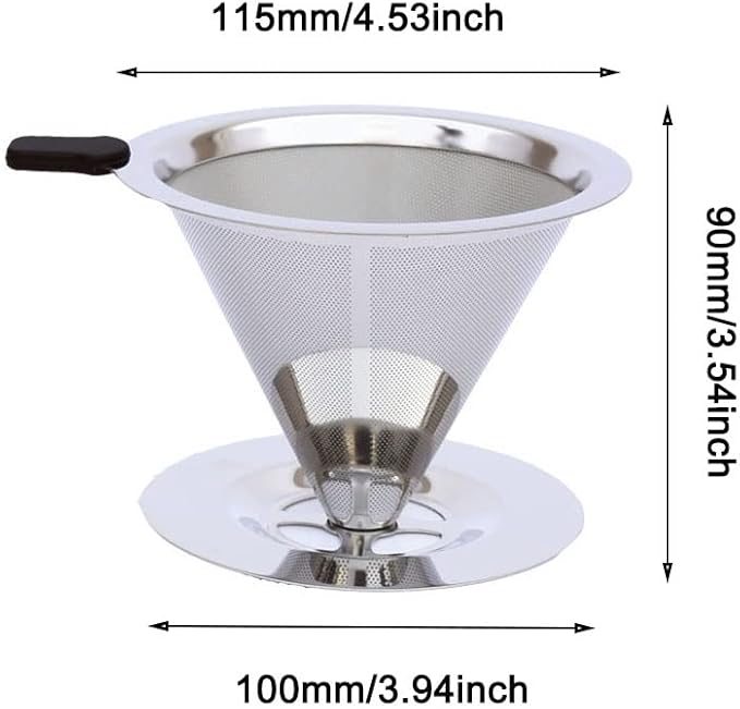 SEIWEI Pour Over Coffee Dripper Stainless Steel Slow Drip Metal Coffee Filter Reusable Paperless Coffee Maker Tools with Cup Stand and Cleaning Brush Dia 115mm