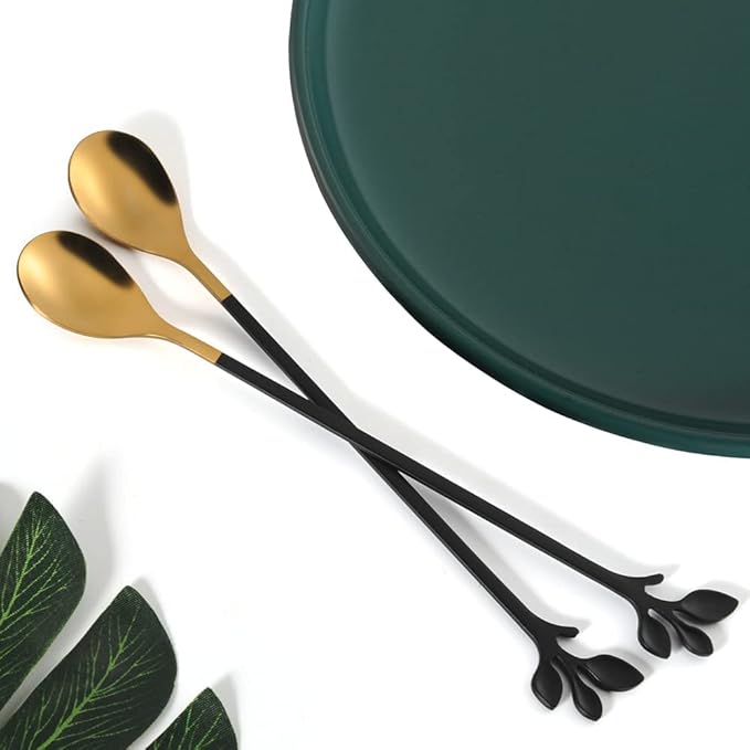 AnSaw 6-Piece Elegant Black & Gold Leaf Long Handle Teaspoons - 7.4" Stainless Steel Stir Spoons for Coffee & Tea, Perfect for Mixing & Stirring