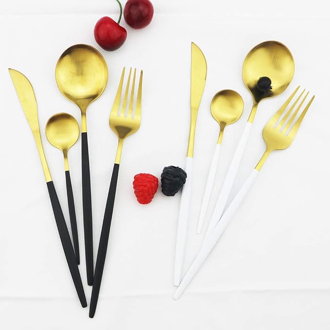 JASHII Matte Silverware Set, 24-Piece Stainless Steel Flatware Cutlery Set for 6, Ideal for Home Wedding Festival Party, Dishwasher Safe (Black Handle Gold)
