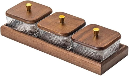Premium Walnut Snack Tray with Lid, Glass Divided Fruit & Nut Bowl Set, Wooden Coffee Table Serving Tray for Candy, Dried Fruit, Desserts, Condiments, Charcuterie & Home Entertaining (3)