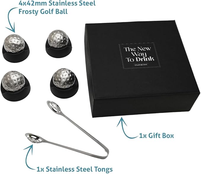 Stainless Steel Golf Ball Whiskey Chillers – Reusable Non-Diluting Ice Cubes for Whiskey, Cocktails & Wine – Set of 4
