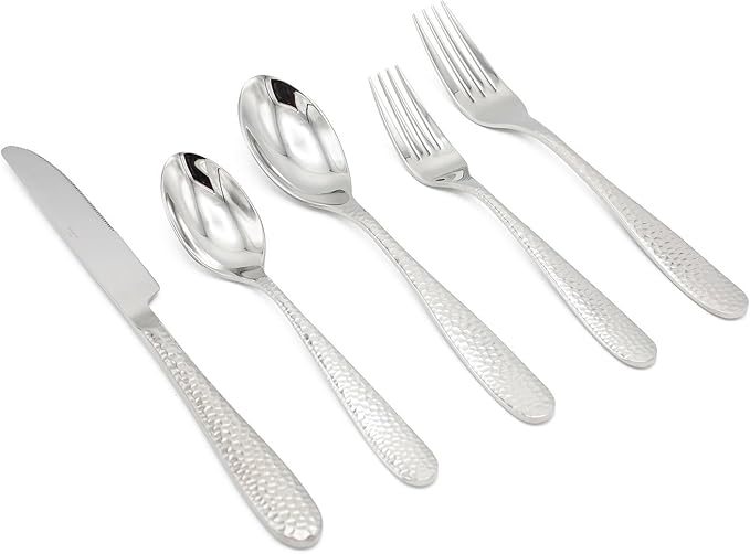 Elyon Carroll Hammered 20-Piece Reflective Silver Flatware Set, Stainless Steel, Service For 4