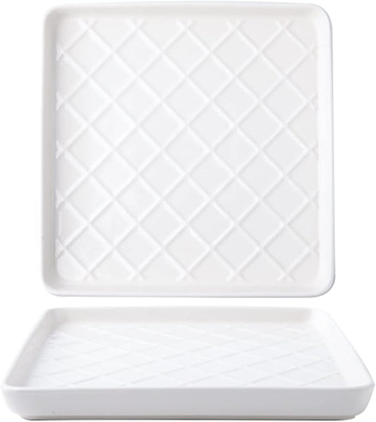 deep plate Square Dining Plate Ceramic Dessert Salad Home Kitchen Restaurant Flat Plaid Vintage(A)