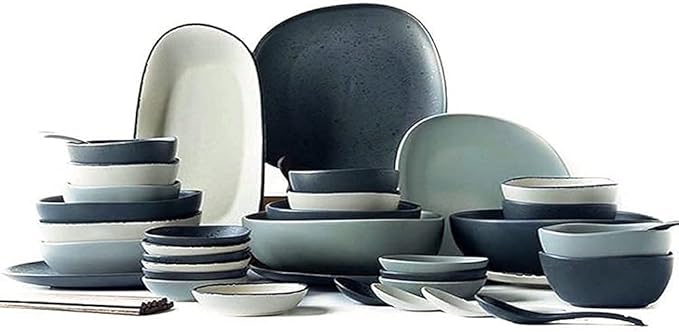 Nordic Ceramic Dinnerware Sets, Porcelain Plate and Bowl Sets, High-End Color Dishware Sets, Modern Reactive Glaze Stoneware Dishes Set Holiday,12Pcs (White 48Pcs)