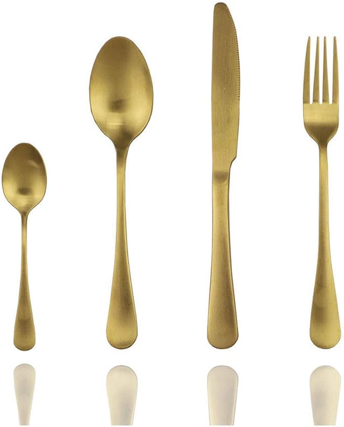 JASHII Matte Gold Silverware Set, 4-Piece Stainless Steel Flatware Set, Kitchen Utensil Set Service for 1, Tableware Cutlery Set for Home and Restaurant, Dishwasher Safe (Gold full)