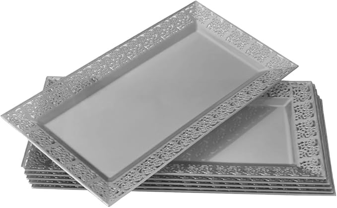 SILVER SPOONS Elegant Lace Plastic Serving Trays (6 PC), Disposable Plastic Trays and Platters for Party - 14” x 7.5”, Serves Snacks, Desserts, Sweets, Perfect for Upscale Wedding, and Dining - Silver