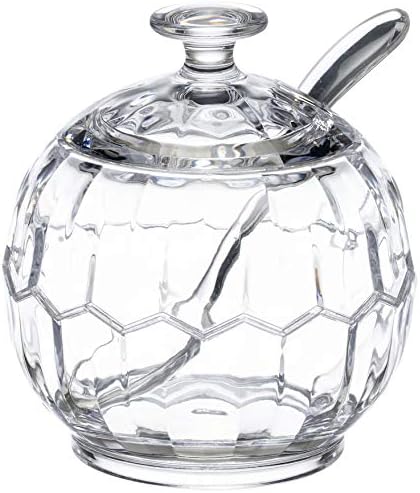 KLIFA- HONEYCOMB Series, Acrylic Plastic Sugar Bowl with Spoon and Lid, Seasoning Box, Salt Bowl, Clear, 10.15 oz