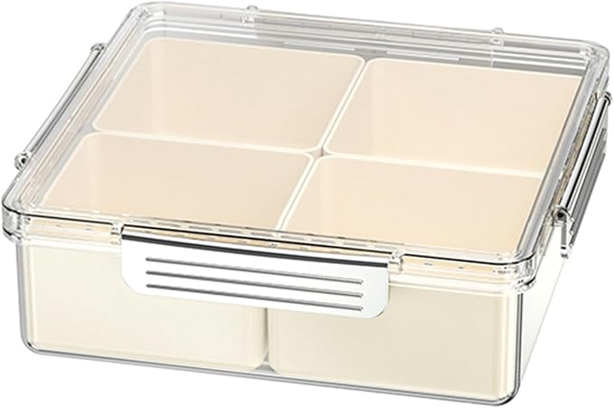 Beige Silver Square Plastic Divided Serving Tray with Lid, 4 Compartments Snack Tray Serving Platter for Biscuits, Fruit, Veggie, Candies and Hot Pot