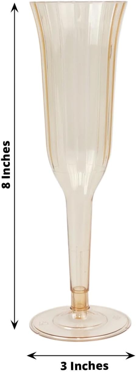 TCF Linen 12 Pack Amber Gold Plastic Champagne Flutes, 6oz Flared Disposable Glasses Elegant Reusable Look Shatterproof Stemware for Weddings Parties Catering Toasts