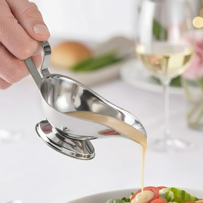 Soro Essentials- 3 oz. Stainless Steel Gravy Sauce Boat Gadroon Base with Loop Handle Set of 2- Restaurant Gravy Boat Dripless Lip Spout Serving Dish Gravy Bowl for Sauces Gravy Salad Dressings Milk