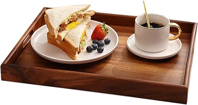 Wood Serving Tray with Handles Home Decorative Serving Trays Platter for Breakfast in Bed, Solid Wooden Serveware for Lunch, Dinner, Coffee Table, Used in Kitchen,Party and Outdoors.