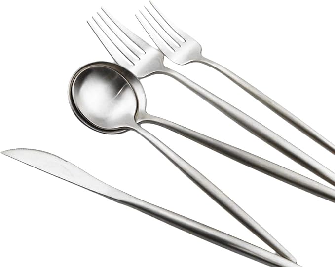 Gugrida Luxury Flatware, Royal 5 Piece Matte White Handle 18/10 Stainless Steel Tableware Sets for 1 Including Forks Spoons Knives, Camping Silverware Travel Utensils Set Cutlery (Full Silver)