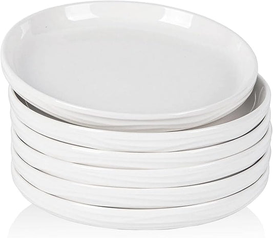 White Salad Plates Set of 6, 8 Inch Small Ceramic Ribbed Texture Dinner Plates, Kitchen Serving Dishes for Appetizer, Dessert, Microwave & Dishwasher Safe, Scratch Resistant