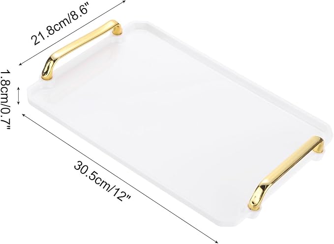 PATIKIL 12 x 8.6 Inches Plastic Serving Tray with Golden Handles, Reusable Tray Rectangular Party Platters for Dessert Coffee Tea Table, Living Room Kitchen Countertop, White