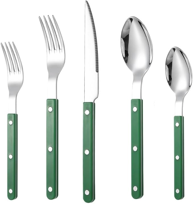 Rivet ABS Clamp Handle Kitchen Stainless Steel Silverware Tableware Flatware Cutlery Set Steak Knife Fork Spoon Teaspoon Western Tableware Butter Knife Set (Green,5 pieces)