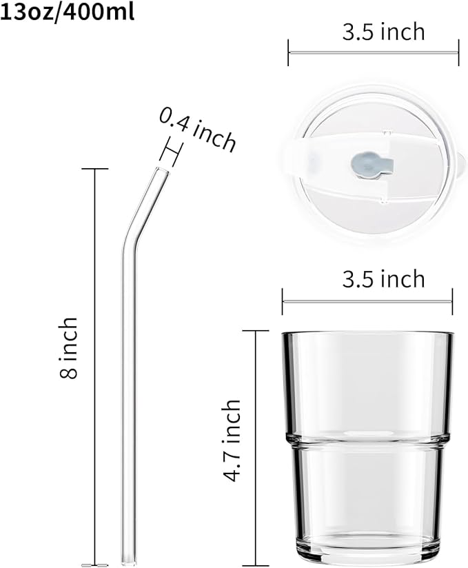 MINGHYZYA 13oz Glass Tumbler with Straw and Lid, Leak Proof Iced Coffee Cup, Thick Wall BPA Free Drinking Glass Water Cups for Iced Coffee, Matcha, Smoothie and Travel-(Clear-2pack)