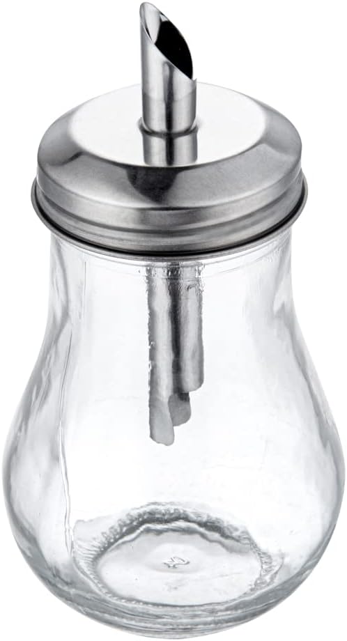 Restaurantware RW Base 6 Ounce Glass Dispenser With Lid 1 Clear Finish Sugar Pourer Dispenser - FDA-Approved Dishwashable Clear Glass Sauce Pourer Refillable Pouring Spout