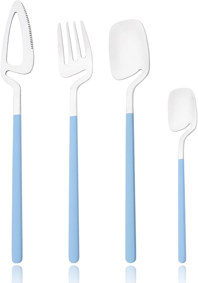 8 Pcs 304 Stainless Steel Flatware Set For 2 People, Matte Creative Hanging Cutlery With Bright Blue Handles, Daily Use For Picnic Travel Hiking Couples And Friends (Blue Silver)