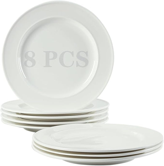 TAMAYKIM 10 Inch Porcelain Salad Dinner Plates 8 Pieces, Wide Rim Round Pasta Plates, Large Serving Dinnerware Sets, Scratch Resistant, Microwave, Oven, and Dishwasher Safe, White