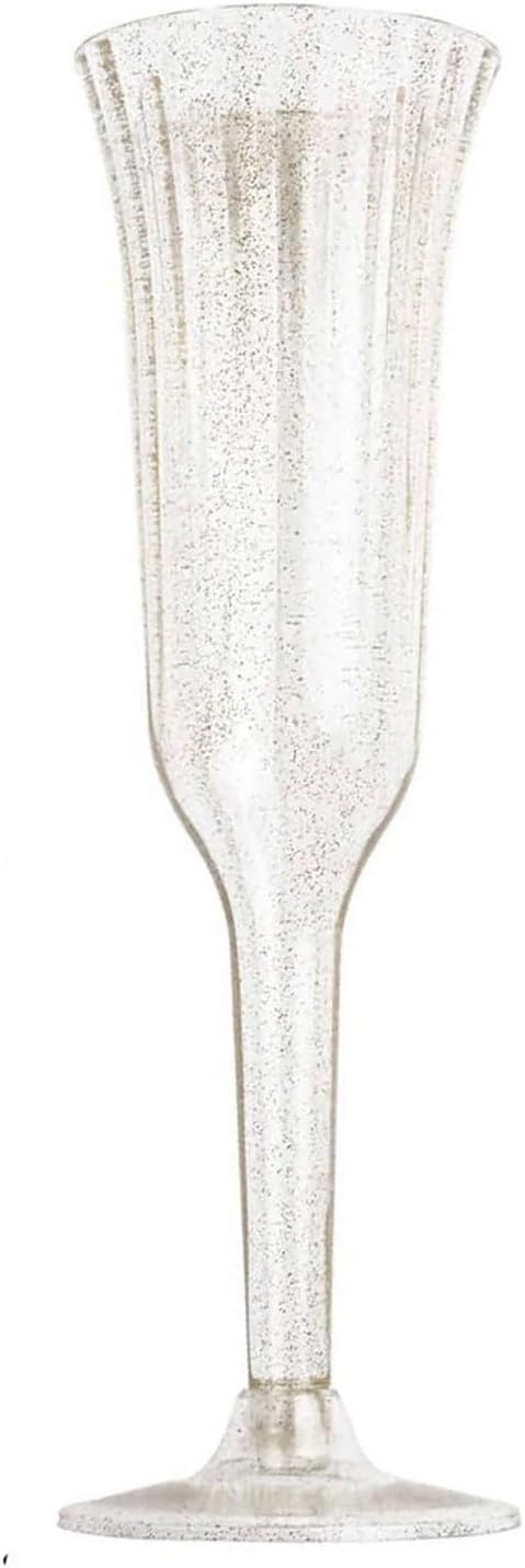 TCF Linen 12 Pack Clear with Gold Glitter Plastic Champagne Flutes, 6oz Flared Disposable Glasses Elegant Reusable Look Shatterproof Stemware for Weddings Parties Catering Toasts