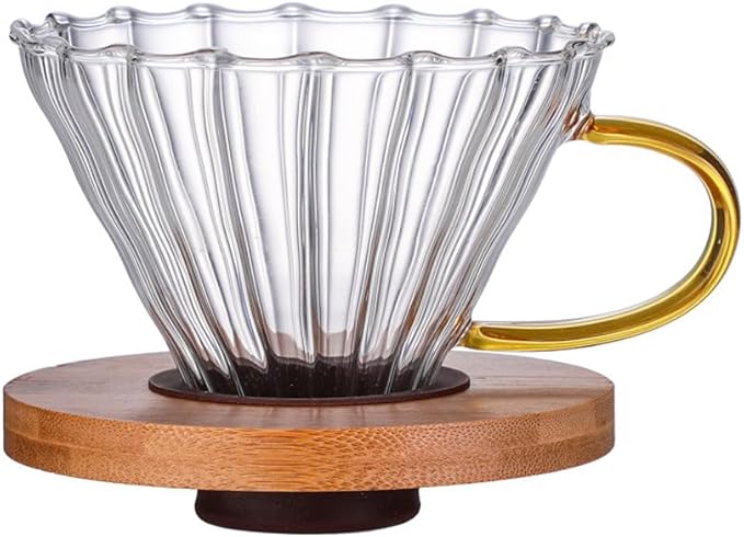 Transparent Glass Coffee Dripper Coffee Filter Holder Coffee Filter Cone with Wooden Pad Coffee Funnel,Coffee Filter Holder with Handle