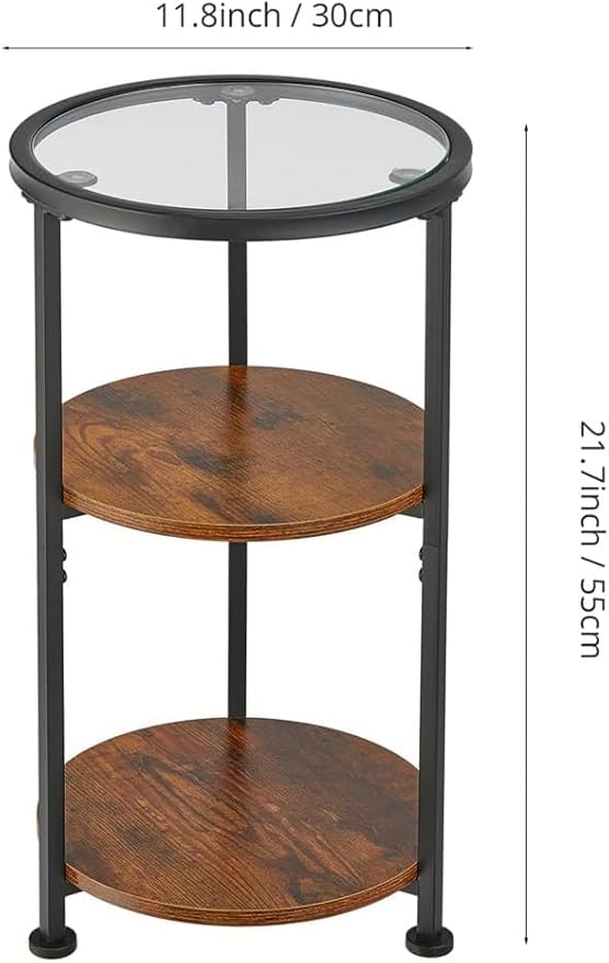 Glass Side Table, Tempered Glass Small Round Side Table with 3-Tier Storage Shelves for Small Spaces, Modern Glass Round End Table for Living Room, Bedside Nightstand for Bedroom(Rustic Brown)