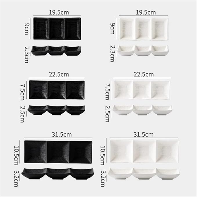 Appetizer Plates Matte Ceramic Seasoning Dish Soy Sauce Vinegar Dish Dessert Plate Sushi Plate 3 Grids Snack Plate for Condiment(Black,Small)
