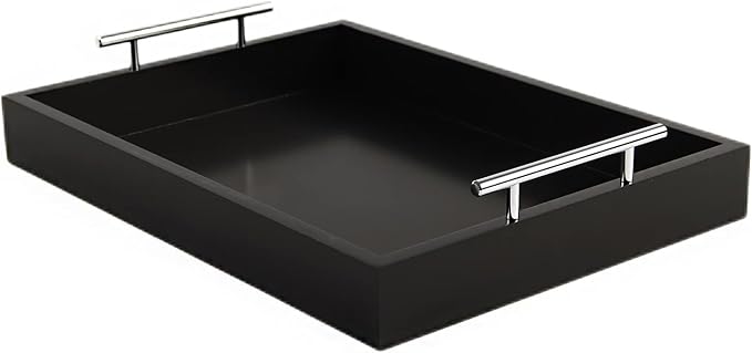 JJSQYLAN Wooden Serving Tray with Handles Rectangle Breakfast Tray for Coffee Table Decorative Ottoman Tray 16”x 12” for All Occasion's (Blck)