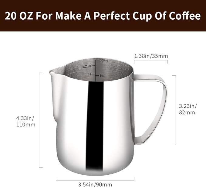 watchget Milk Frothing Pitcher 20oz/600ml Stainless Steel Espresso Steaming Pitcher for Espresso Machines Coffee Frothing Cup Cappuccino Latte Art Milk Jug Cup