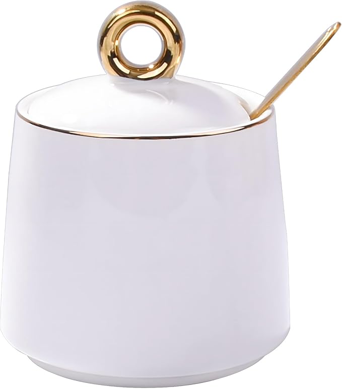 Ceramic Sugar Bowls with Stainless Steel Spoon Salt Bowl with Lid for Home and Kitchen White