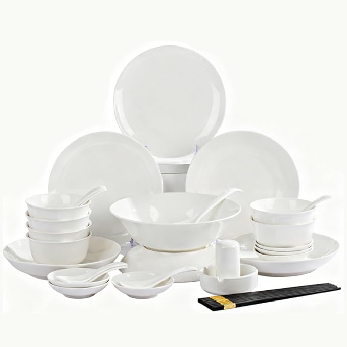 White Ceramic Dinnerware Set: Plates & Bowls for Kitchen, Microwave & Dishwasher Safe Dishes Collection (38pcs)