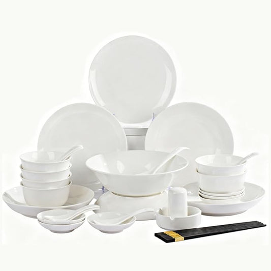 White Ceramic Dinnerware Set: Plates & Bowls for Kitchen, Microwave & Dishwasher Safe Dishes Collection (38pcs)