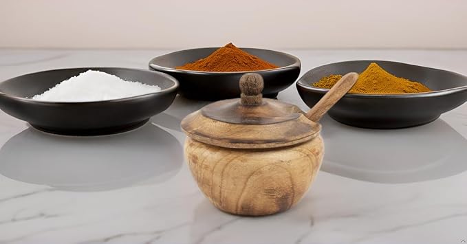 Decorative Rustic Wooden Sugar Bowl & Spoon With Lid Wide Mouth Candy Treat Jar Spice Jar Holder Condiment Nuts Serving Bowl Pot Salt Spice Herb Loose Leaf Tea Storage Container Novelty Home & Kitchen