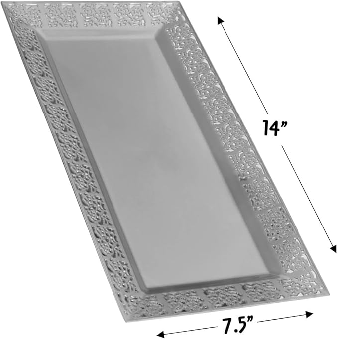 SILVER SPOONS Elegant Lace Plastic Serving Trays (6 PC), Disposable Plastic Trays and Platters for Party - 14” x 7.5”, Serves Snacks, Desserts, Sweets, Perfect for Upscale Wedding, and Dining - Silver