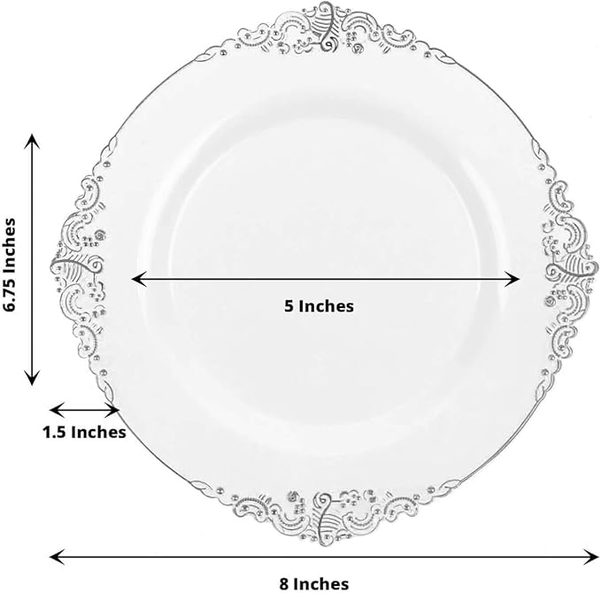 8" Salad Plates -Set of 30 - Plastic White Silver Round Baroque Disposable Chargers Leaf Embossed Rim, Ideal for Dinner Party Wedding Bulk Events