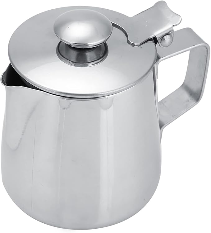 Milk Frothing Pitcher, Stainless Steel Milk Frother Cup with Lid Small Creamer Pitcher Latte Coffee Art Barista Milk Jug Cup Espresso Accessories (350ml)
