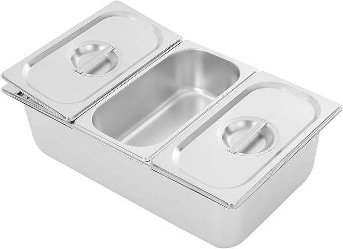 3 Pans Ice Food Serving Display Container, Stainless Steel Serving Tray Catering Supplies Buffet Display Condiment Dispenser Plate Case with Acrylic Replaceable Lids for Restaurant Hotel Kitchen