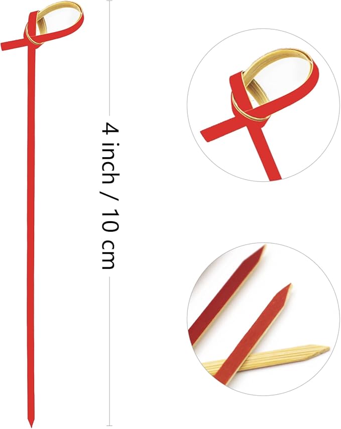 BLUE TOP Bamboo Cocktail Picks 200 PCS Red Bamboo Skewers 4 Inch with Looped Knot, Food Picks,Party Toothpicks for Appetizers,Cocktail Drinks,Barbecue Snacks,Club Sandwiches.